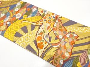 片輪車に群鶴・花・宝尽くし模様織り出し　振袖用袋帯